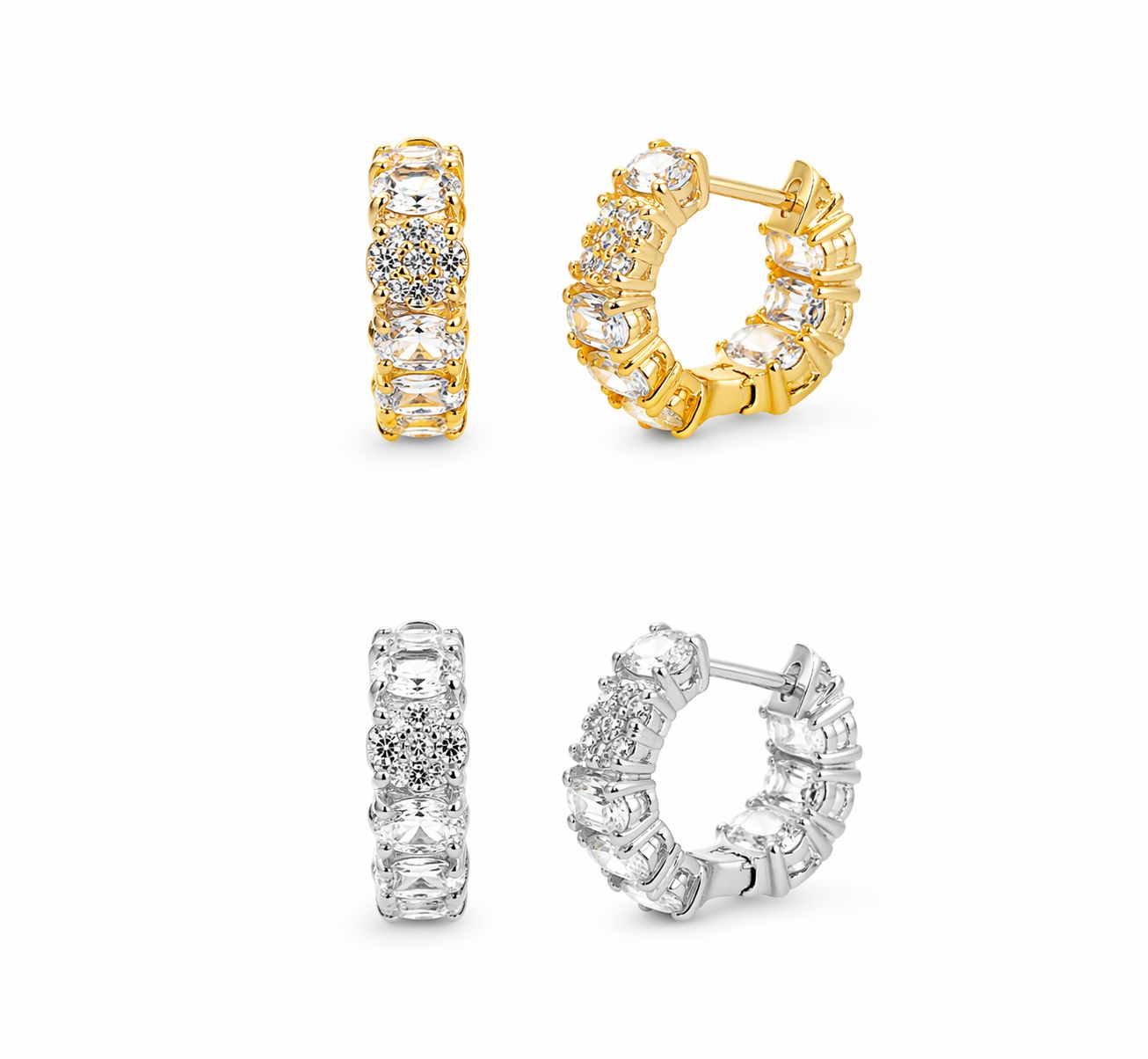 18K gold filled huggie earrings with pavé and gemstone details. Tarnish-resistant, hypoallergenic and perfect for everyday wear.