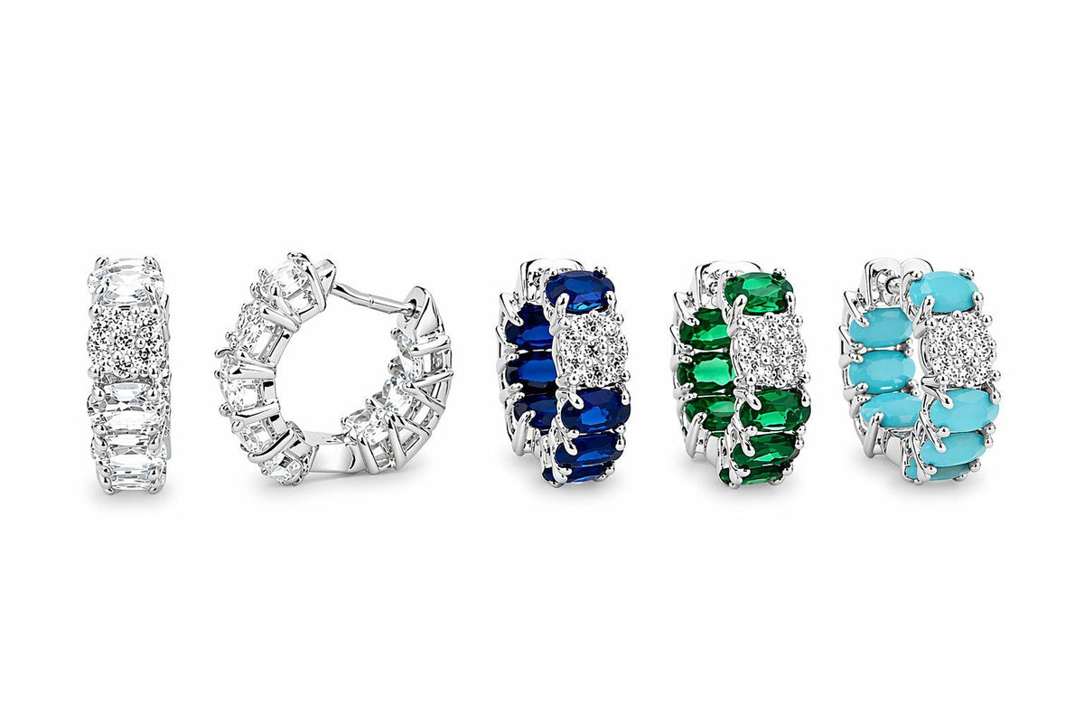 18K gold filled huggie earrings with pavé and gemstone details. Tarnish-resistant, hypoallergenic and perfect for everyday wear.