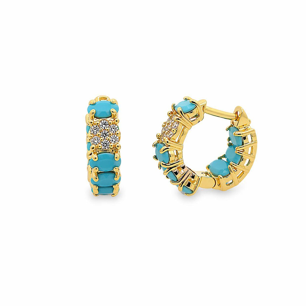 18K gold filled huggie earrings with pavé and gemstone details. Tarnish-resistant, hypoallergenic and perfect for everyday wear.