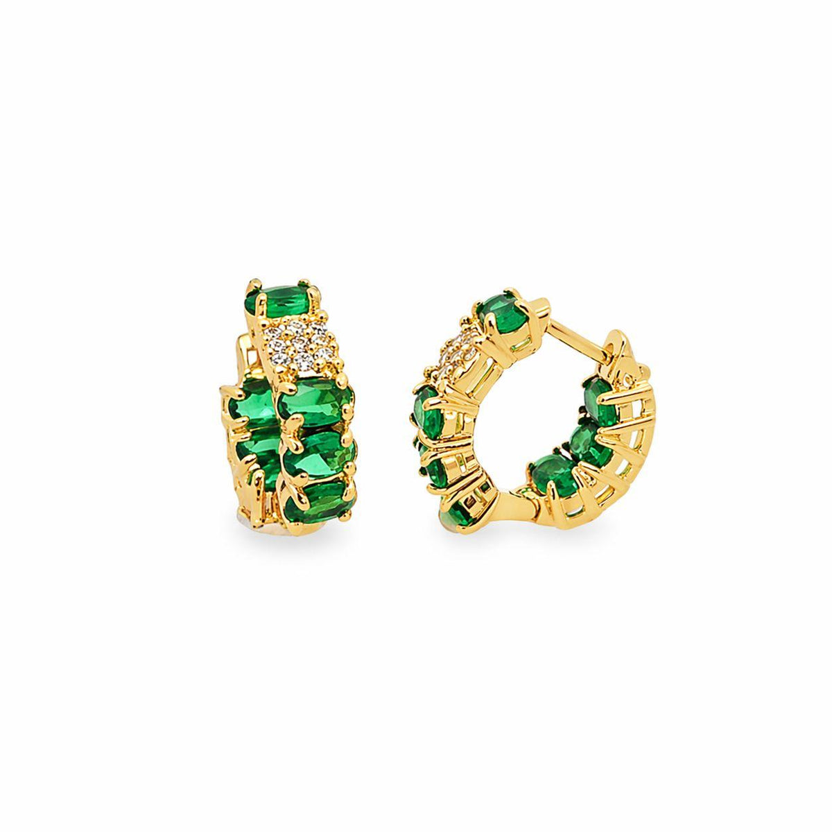 18K gold filled huggie earrings with pavé and gemstone details. Tarnish-resistant, hypoallergenic and perfect for everyday wear.