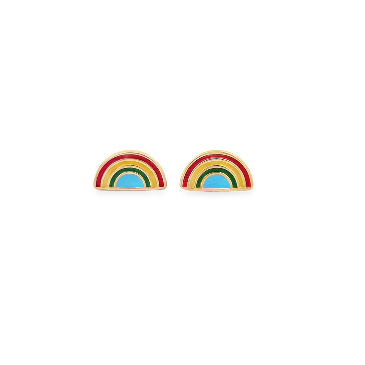A pair of gold rainbow enamel stud earrings rests against a white background.