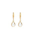 A pair of gold teardrop earrings feature clear crystal stones hanging gracefully from secure clasp hoops against a clean white background.
