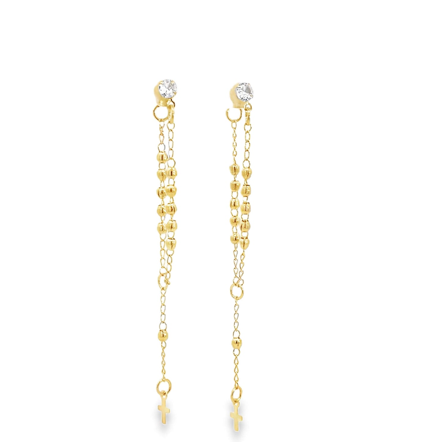 A pair of delicate gold chain earrings features sparkling stud tops, beaded dangles, and small cross charms at the bottom.