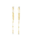 A pair of delicate gold chain earrings features sparkling stud tops, beaded dangles, and small cross charms at the bottom.