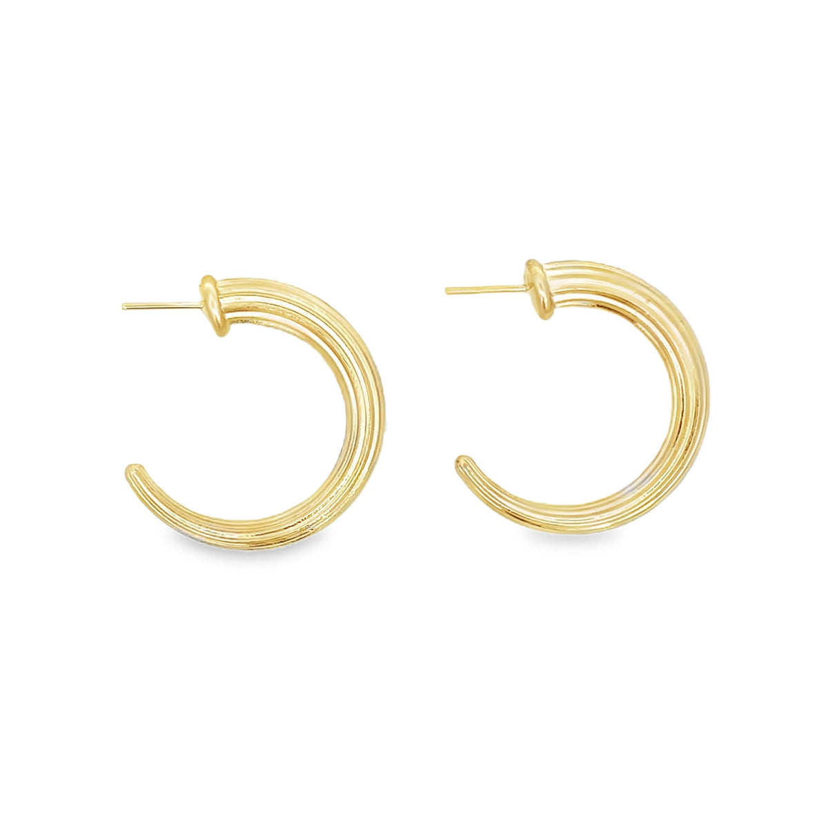A pair of gold hoop earrings displays a textured, multi-band design against a white background.