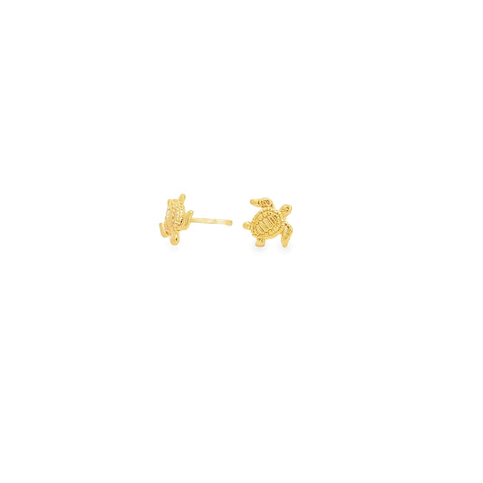 Gold turtle stud earrings on a white background