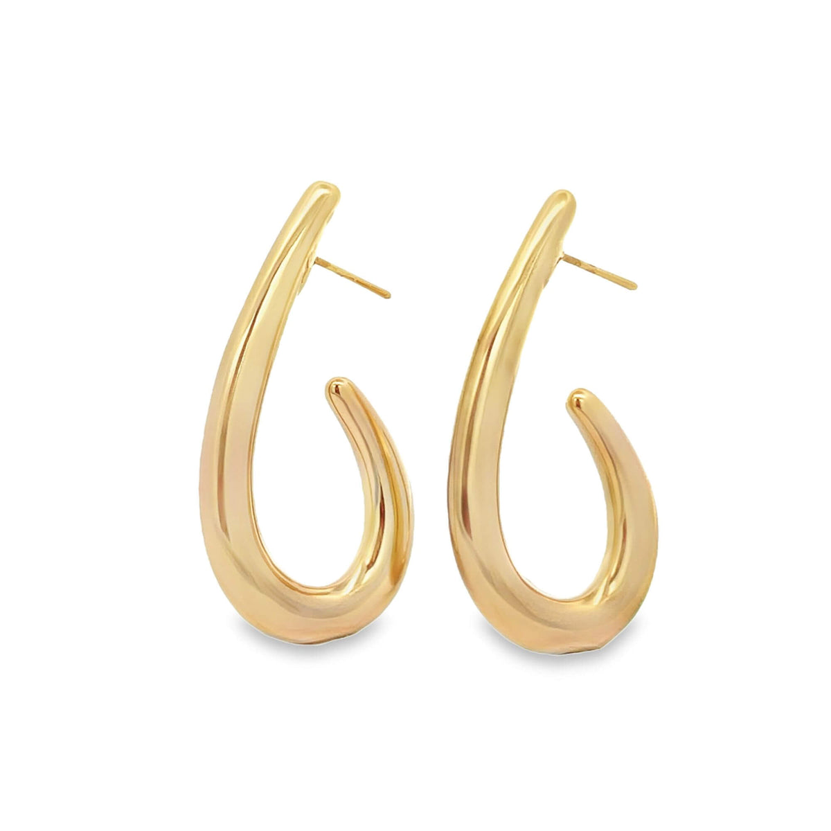 A pair of polished gold teardrop hoop earrings rests against a clean white background.