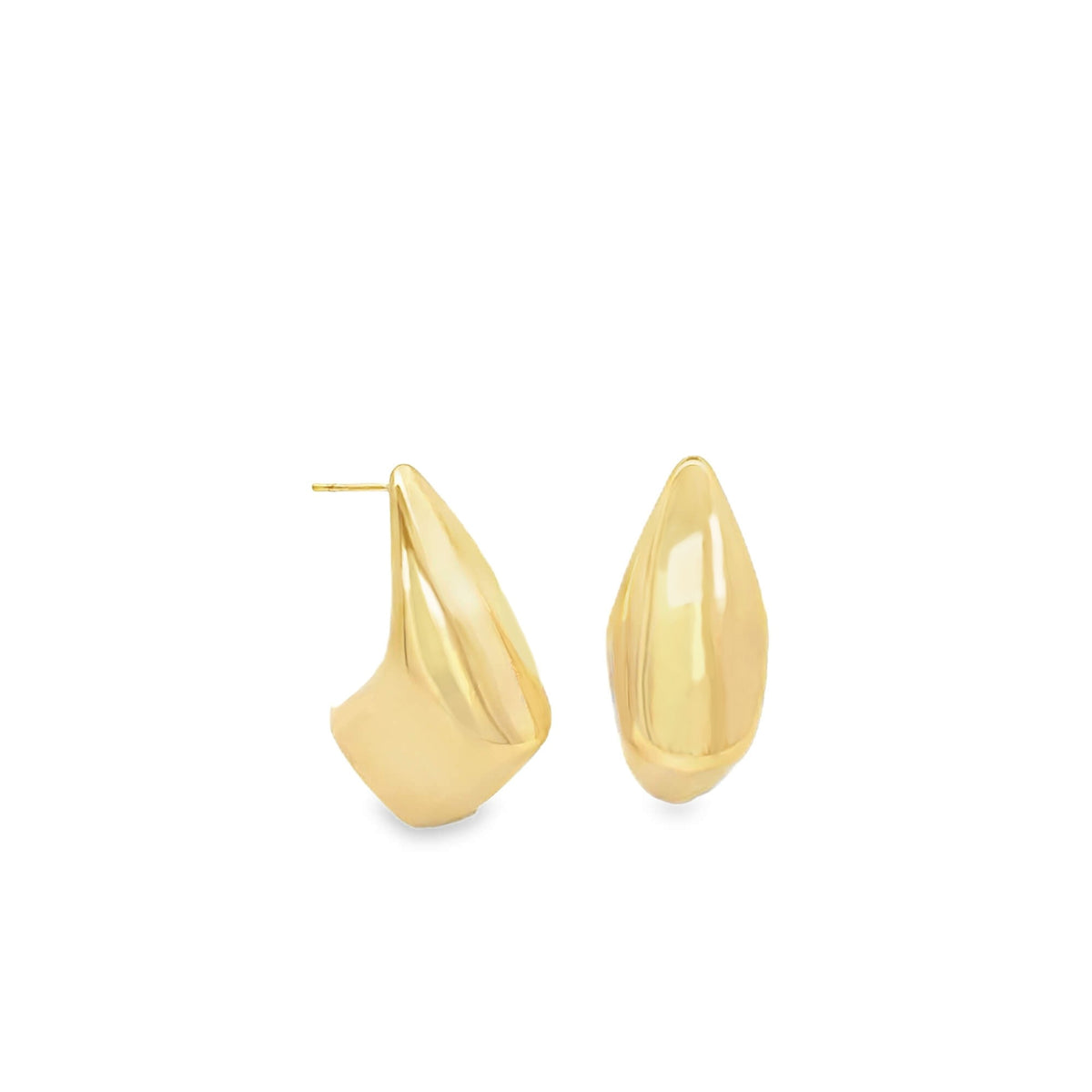 A pair of polished gold teardrop huggie earrings gleams against a white background.