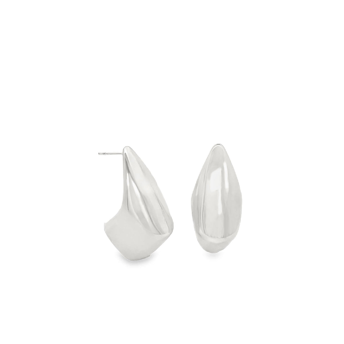 A pair of chunky silver teardrop hoop earrings rests against a clean white background.