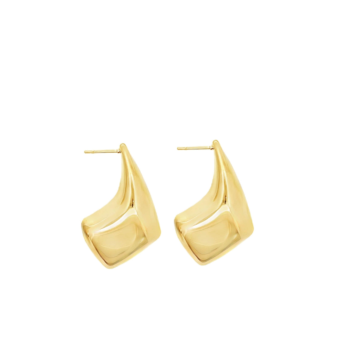 A pair of polished gold geometric hoop earrings rests against a clean white background.