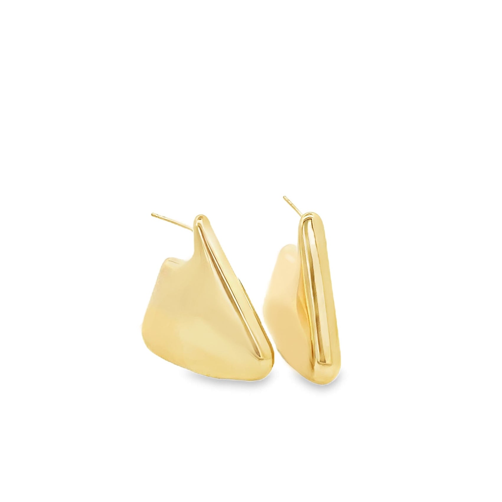A pair of glossy gold geometric triangle stud earrings rests against a clean white background.