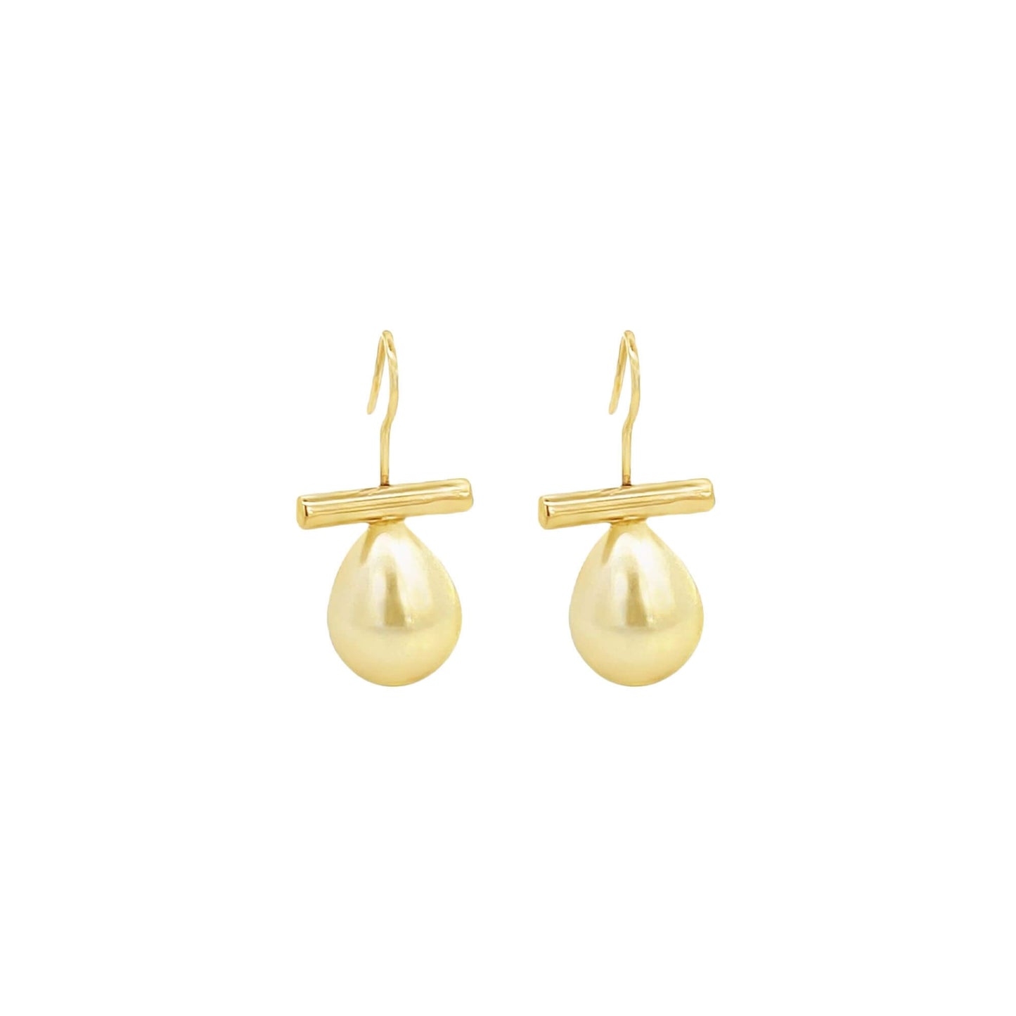 A pair of elegant gold drop earrings featuring teardrop-shaped pearls suspended from a sleek horizontal bar against a plain white background.