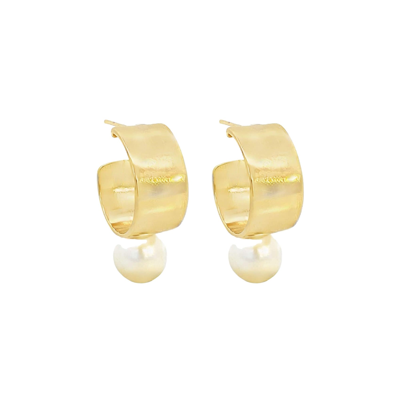 A pair of thick gold hoop earrings featuring dangling white pearls are displayed against a clean white background.