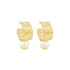 A pair of thick gold hoop earrings featuring dangling white pearls are displayed against a clean white background.