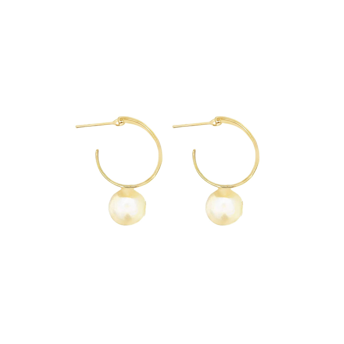A pair of gold hoop earrings features hanging pearl charms against a plain white background.