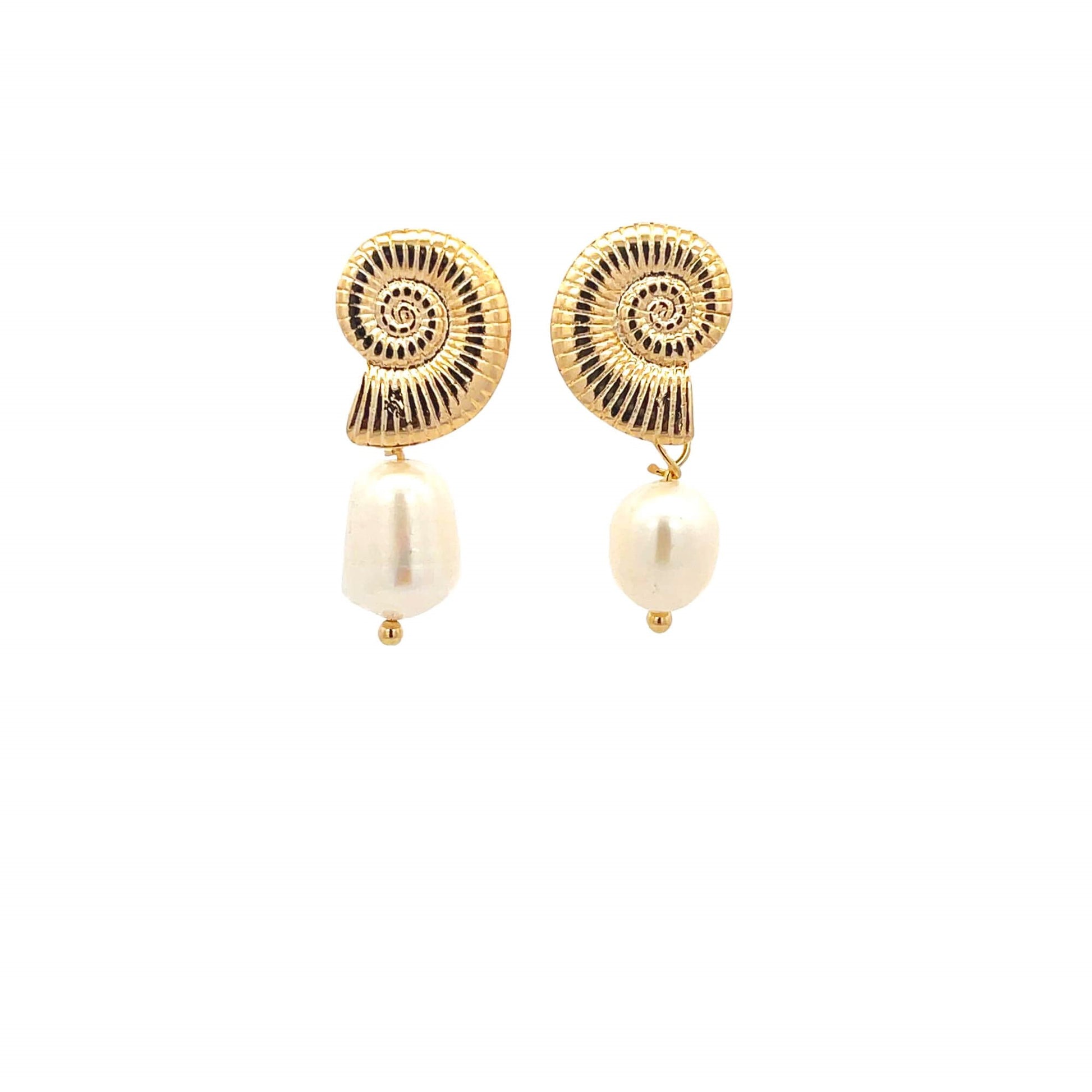 A pair of gold seashell-shaped earrings with dangling white freshwater pearls rests against a clean white background.