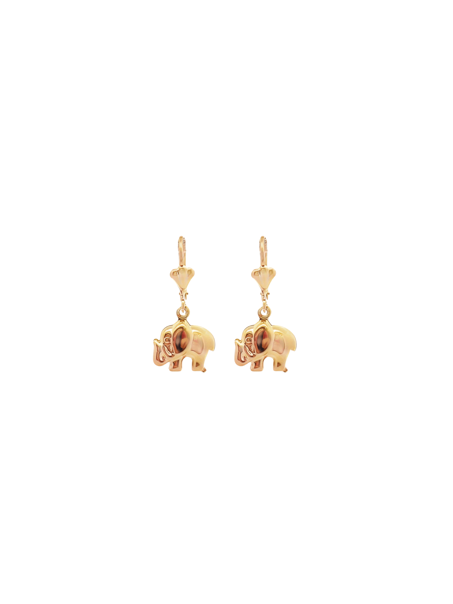 A pair of polished gold leverback earrings features dangling elephant charms against a plain white background.