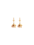A pair of polished gold leverback earrings features dangling elephant charms against a plain white background.