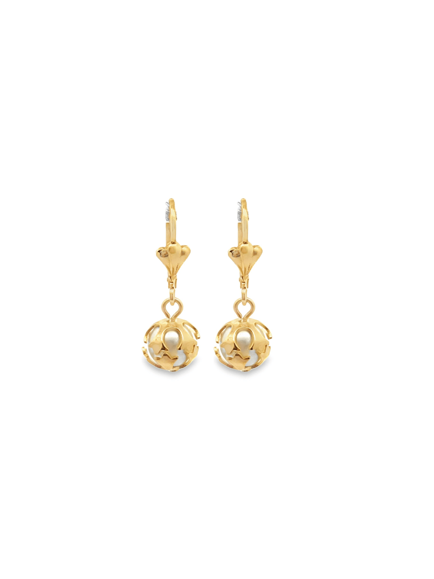 A pair of elegant gold dangle earrings features intricate cage designs enclosing luminous pearls against a clean white background.