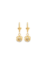 A pair of elegant gold dangle earrings features intricate cage designs enclosing luminous pearls against a clean white background.