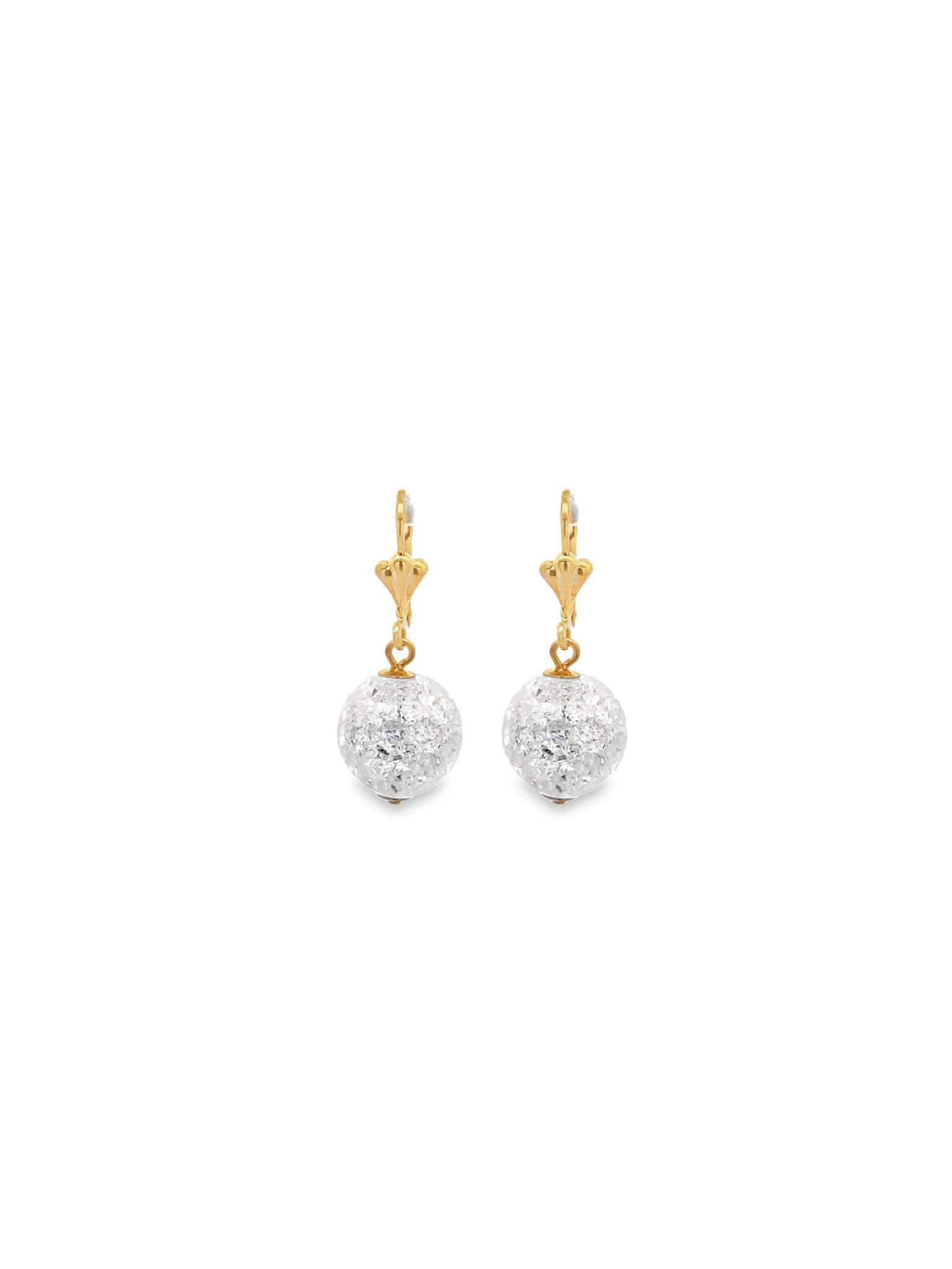A pair of elegant gold dangle earrings features sparkly crackled white glass sphere charms against a clean white background.