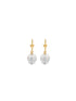 A pair of elegant gold dangle earrings features sparkly crackled white glass sphere charms against a clean white background.