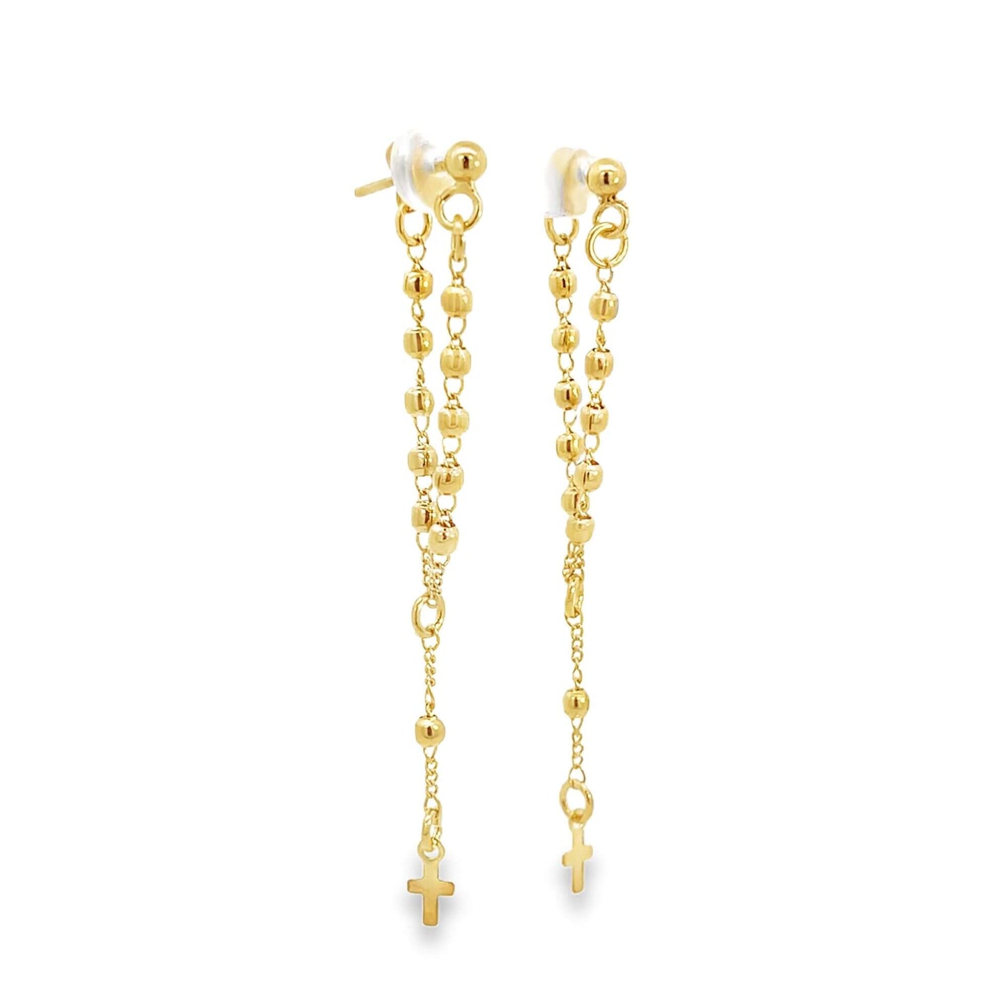 A pair of elegant gold chain earrings featuring delicate bead strands and dangling cross charms shines against a clean white background.