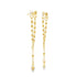 A pair of elegant gold chain earrings featuring delicate bead strands and dangling cross charms shines against a clean white background.
