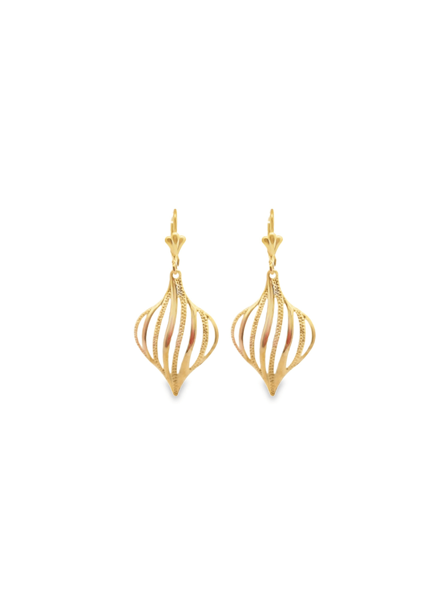 A pair of elegant 14k yellow gold dangling earrings features an ornate, cage-like teardrop design on a white background.
