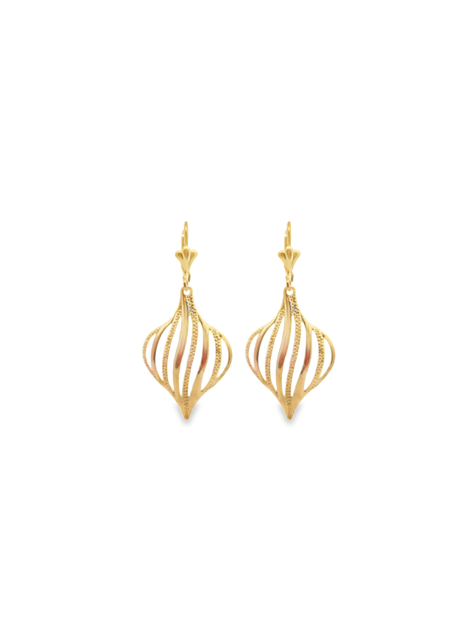 A pair of elegant 14k yellow gold dangling earrings features an ornate, cage-like teardrop design on a white background.