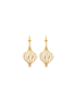 A pair of elegant 14k yellow gold dangling earrings features an ornate, cage-like teardrop design on a white background.