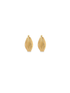 A pair of textured gold huggie hoop earrings with a leaf-like design rests against a clean white background.