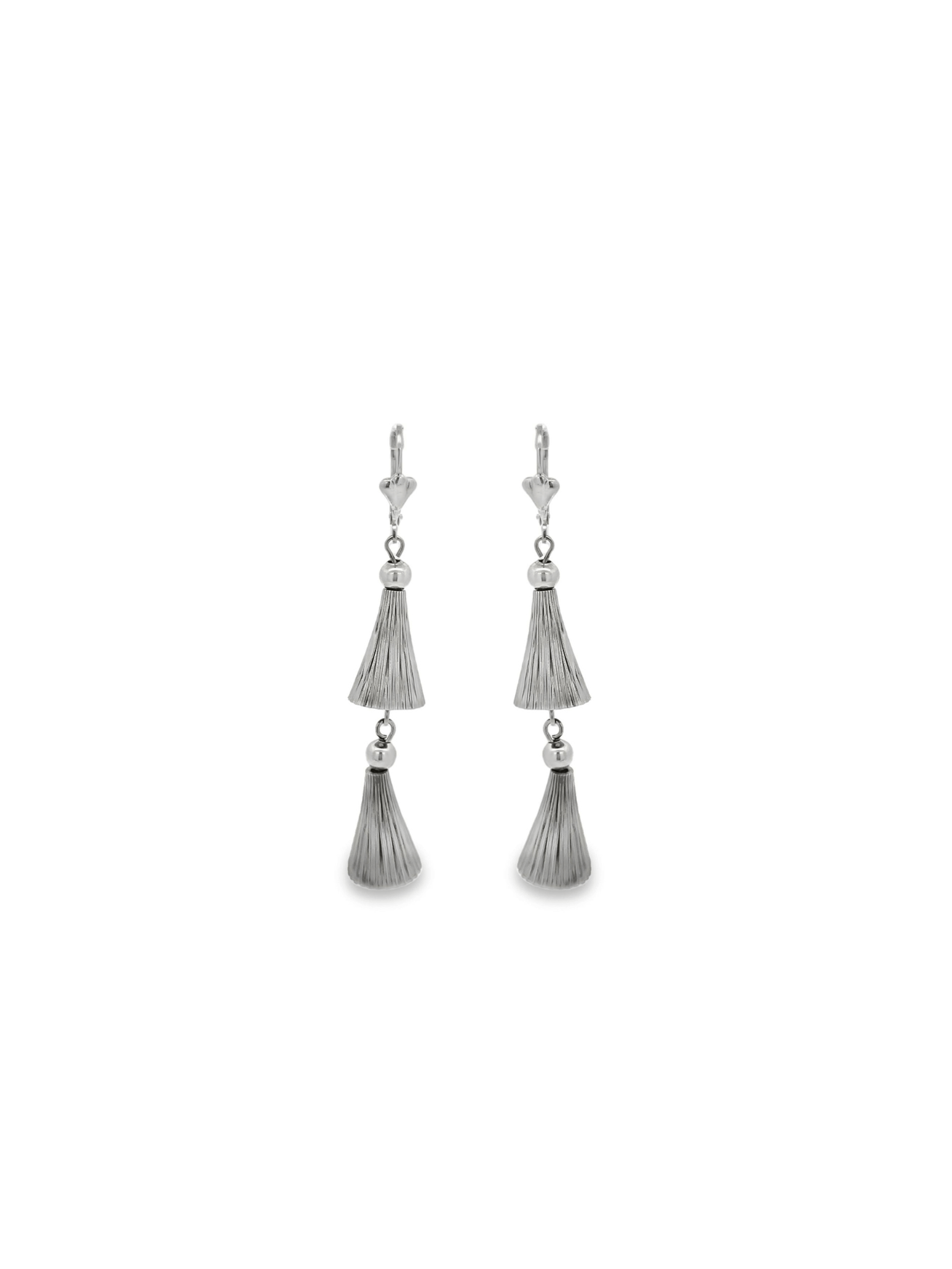 A pair of elegant silver dangle earrings features cascading tassel tiers against a clean white background.