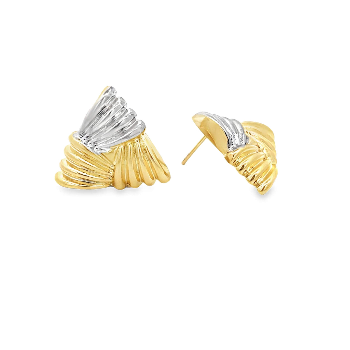 A pair of two-tone gold and silver stud earrings features a textured, fan-like triangular design against a plain white background.