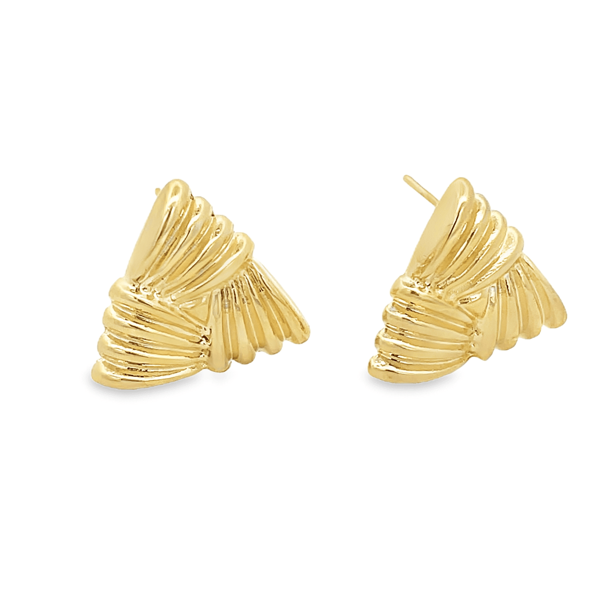 A pair of gleaming gold triangle earrings displays a textured, pleated fan design.