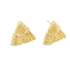 A pair of gleaming gold triangle earrings displays a textured, pleated fan design.