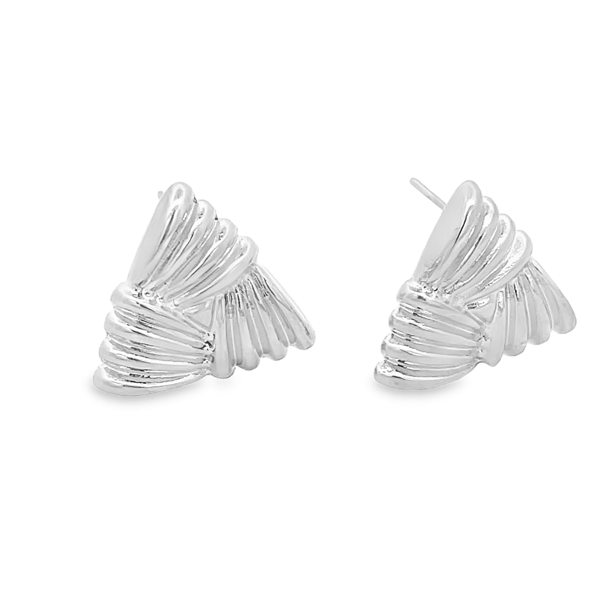 A pair of shiny silver croissant dome stud earrings rests against a clean white background.