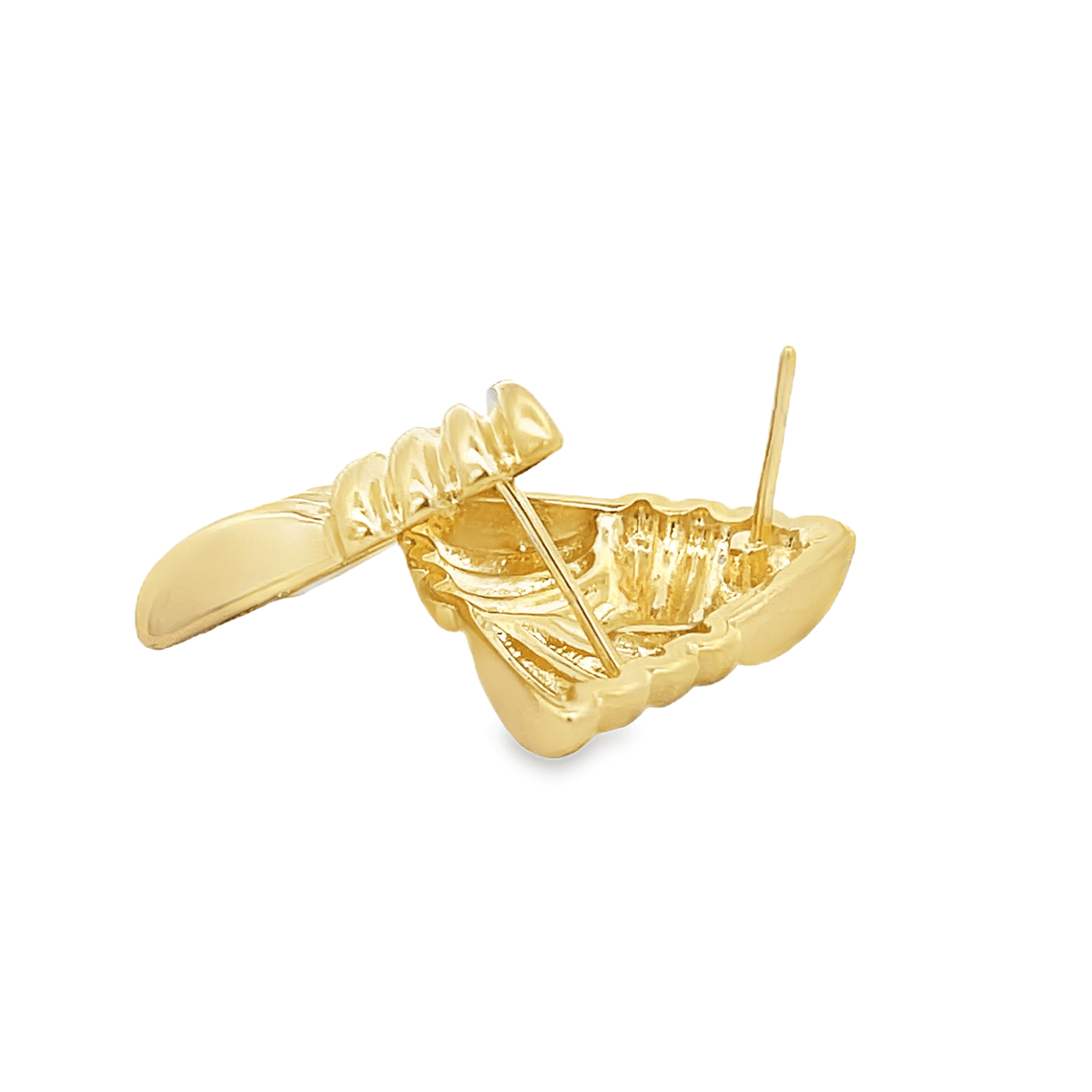 A pair of polished gold croissant stud earrings displays the textured backs and secure posts on a clean white background.