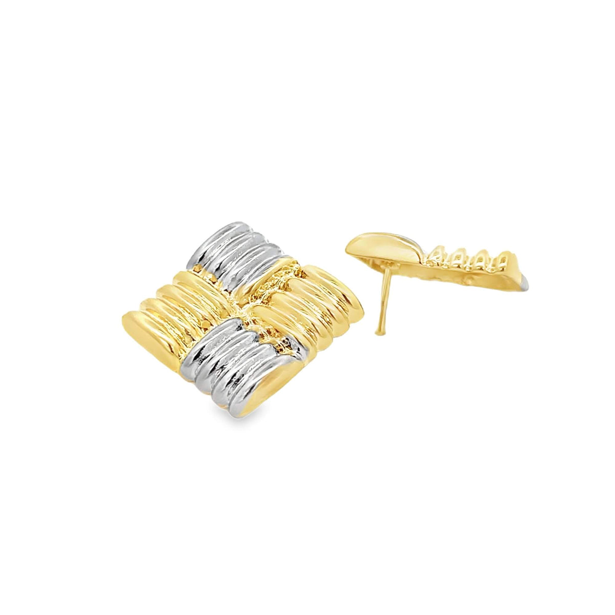 A pair of two-tone gold and silver square stud earrings features a textured woven design against a clean white background.
