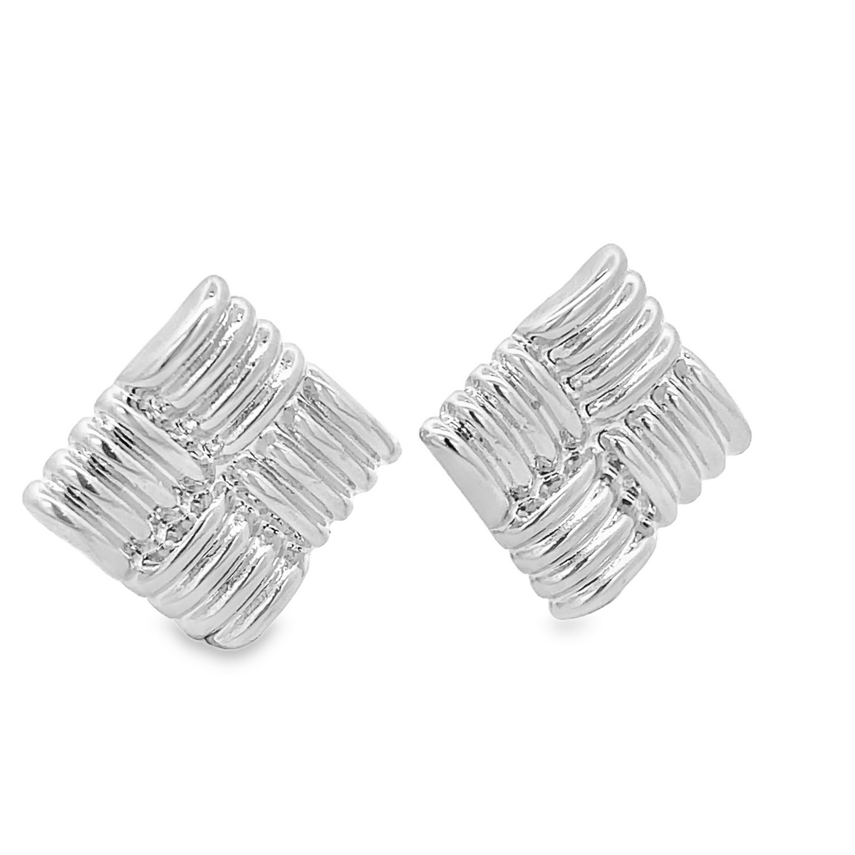 A pair of silver woven square stud earrings sits against a clean white background.