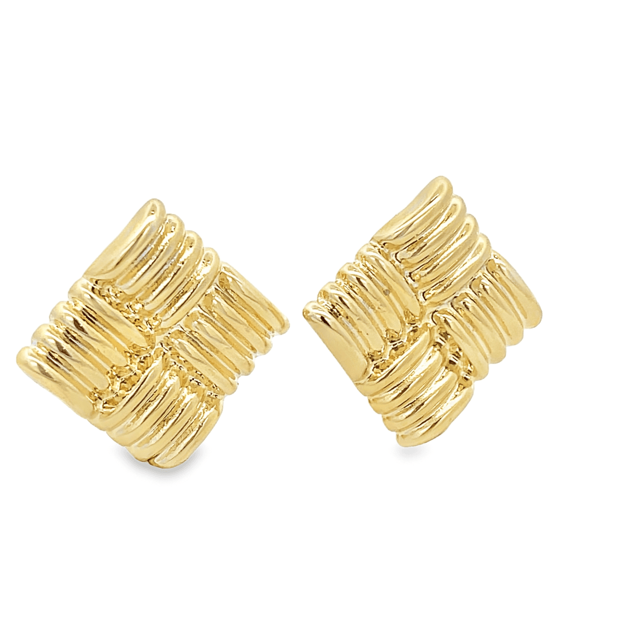 A pair of shiny gold square stud earrings features a textured, woven ribbon design against a clean white background.