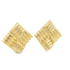 A pair of shiny gold square stud earrings features a textured, woven ribbon design against a clean white background.