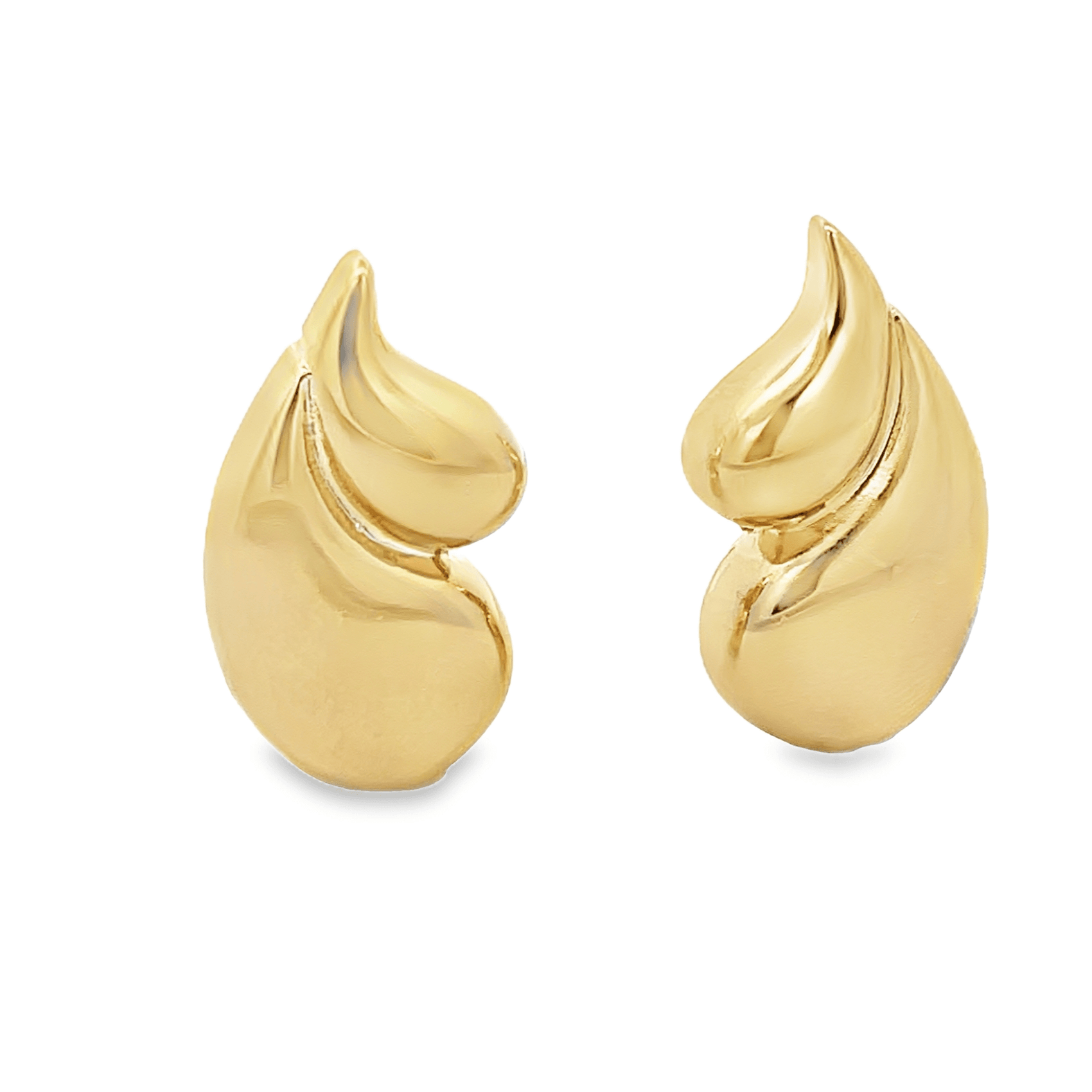 A pair of polished gold teardrop earrings rests against a clean white background.