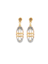 A pair of elegant two-tone gold drop earrings featuring intricate oval frames with central crystal baguettes hangs against a clean white background.