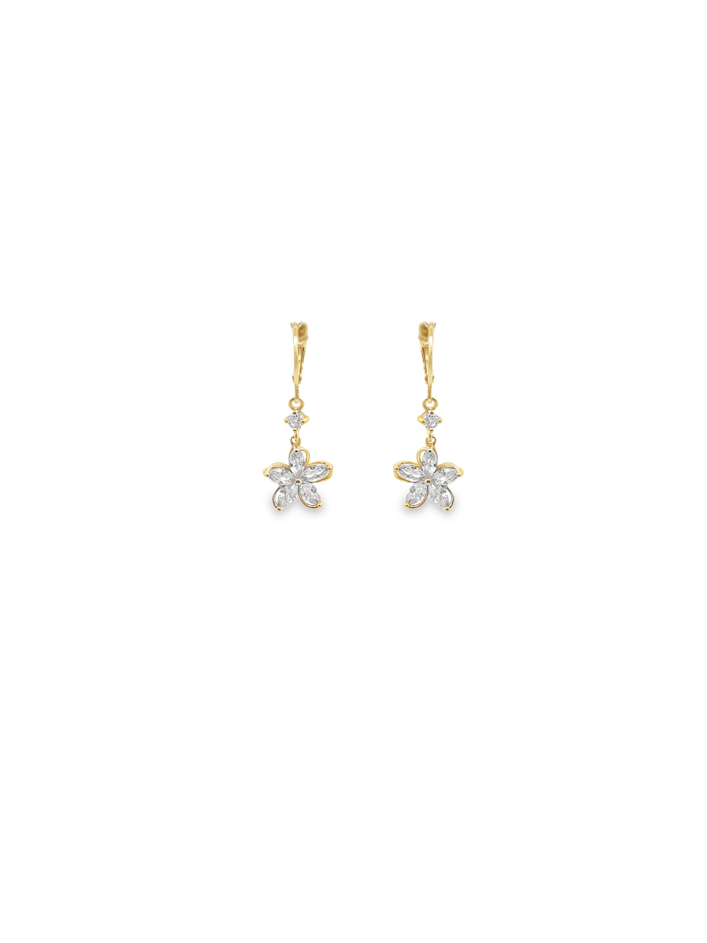 A pair of gold flower-shaped drop earrings features sparkling cubic zirconia marquise-cut petals.