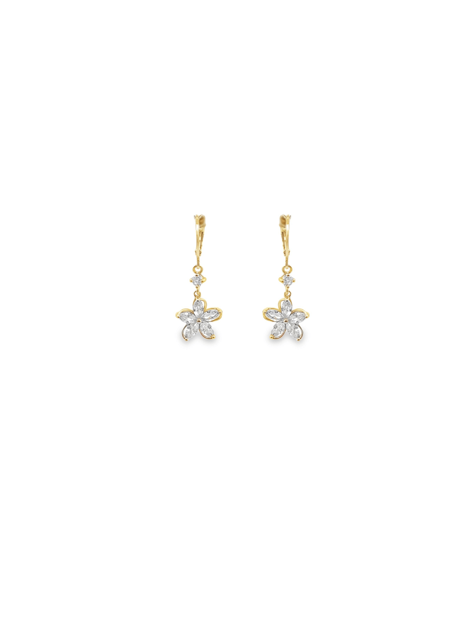 A pair of gold flower-shaped drop earrings features sparkling cubic zirconia marquise-cut petals.