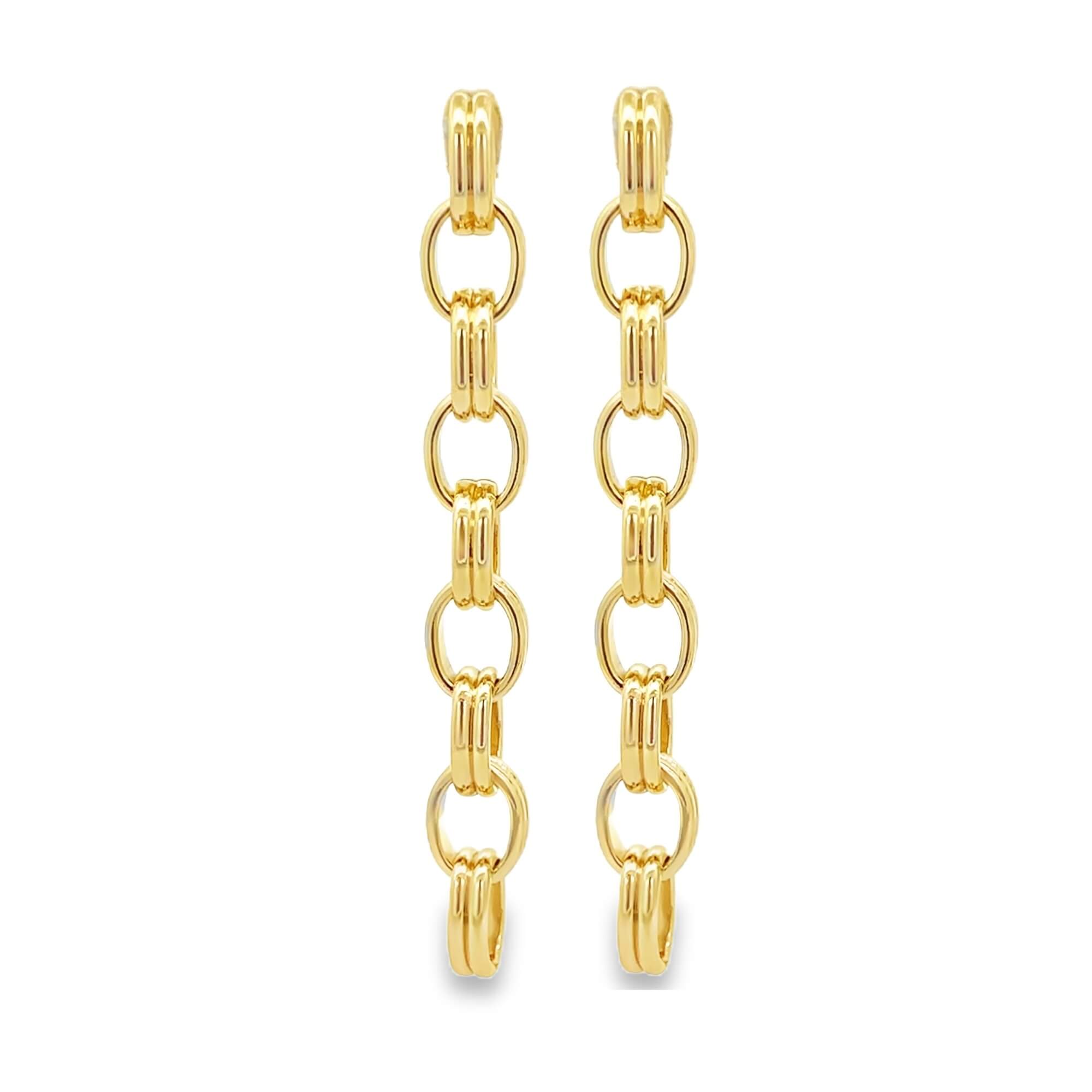 Modern long oval link chain drop earrings in gold or silver tone. Lightweight statement dangles perfect for everyday or evening wear.