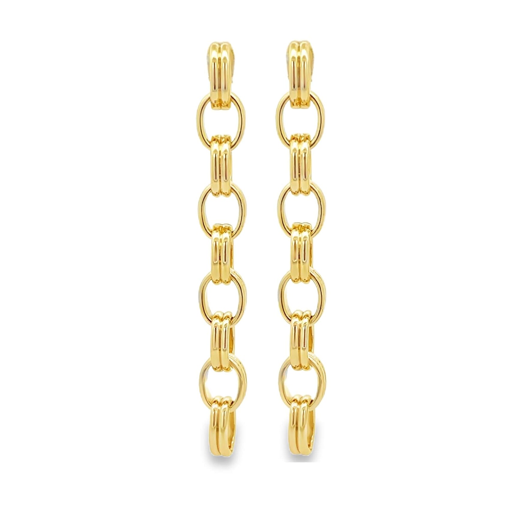 Modern long oval link chain drop earrings in gold or silver tone. Lightweight statement dangles perfect for everyday or evening wear.