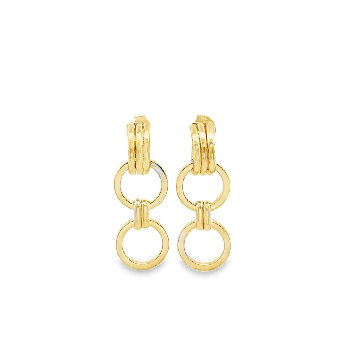 A pair of polished gold multi-ring drop earrings gleams against a clean white background.