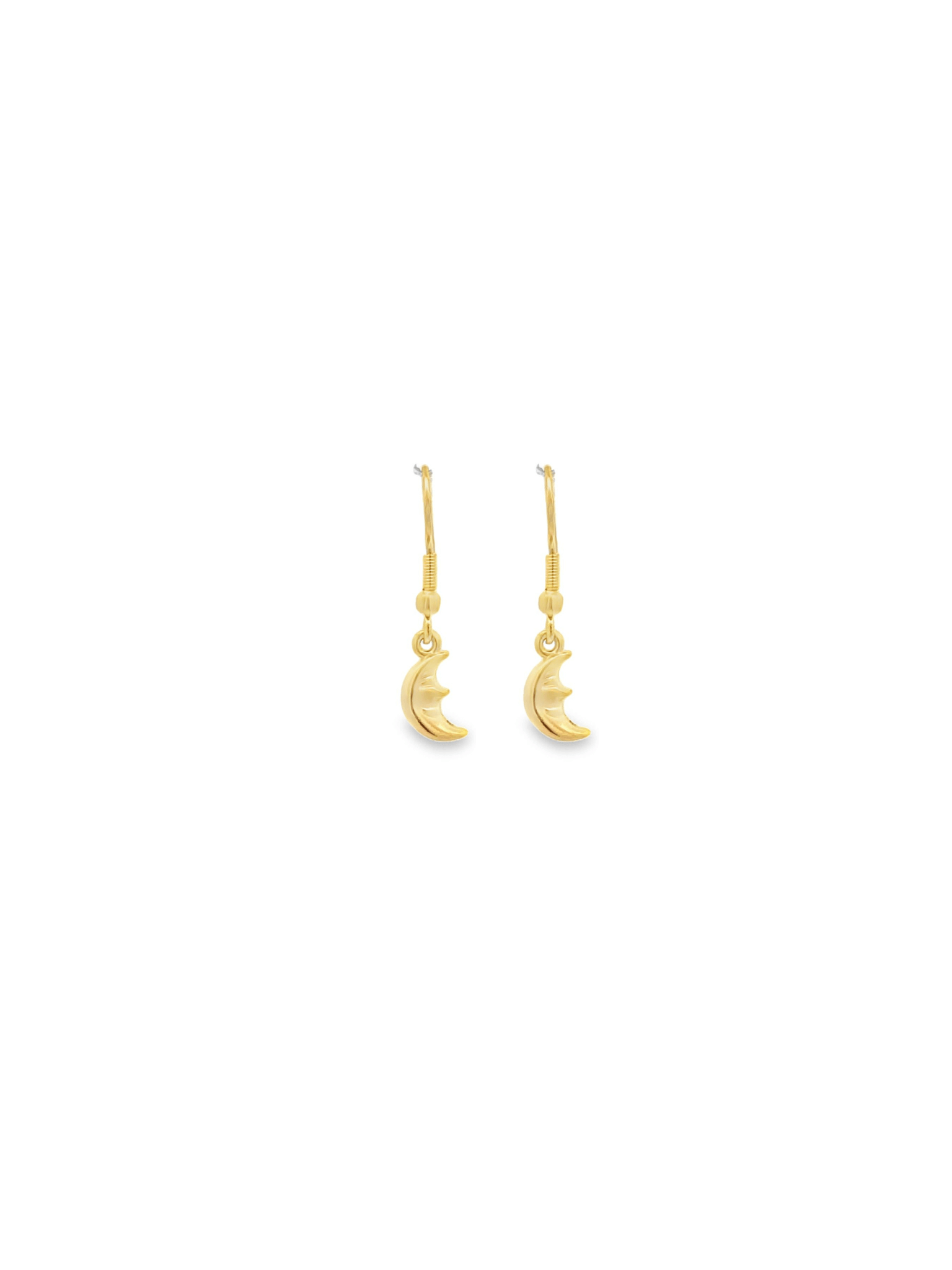A pair of gold crescent moon dangle earrings hangs against a clean white background.